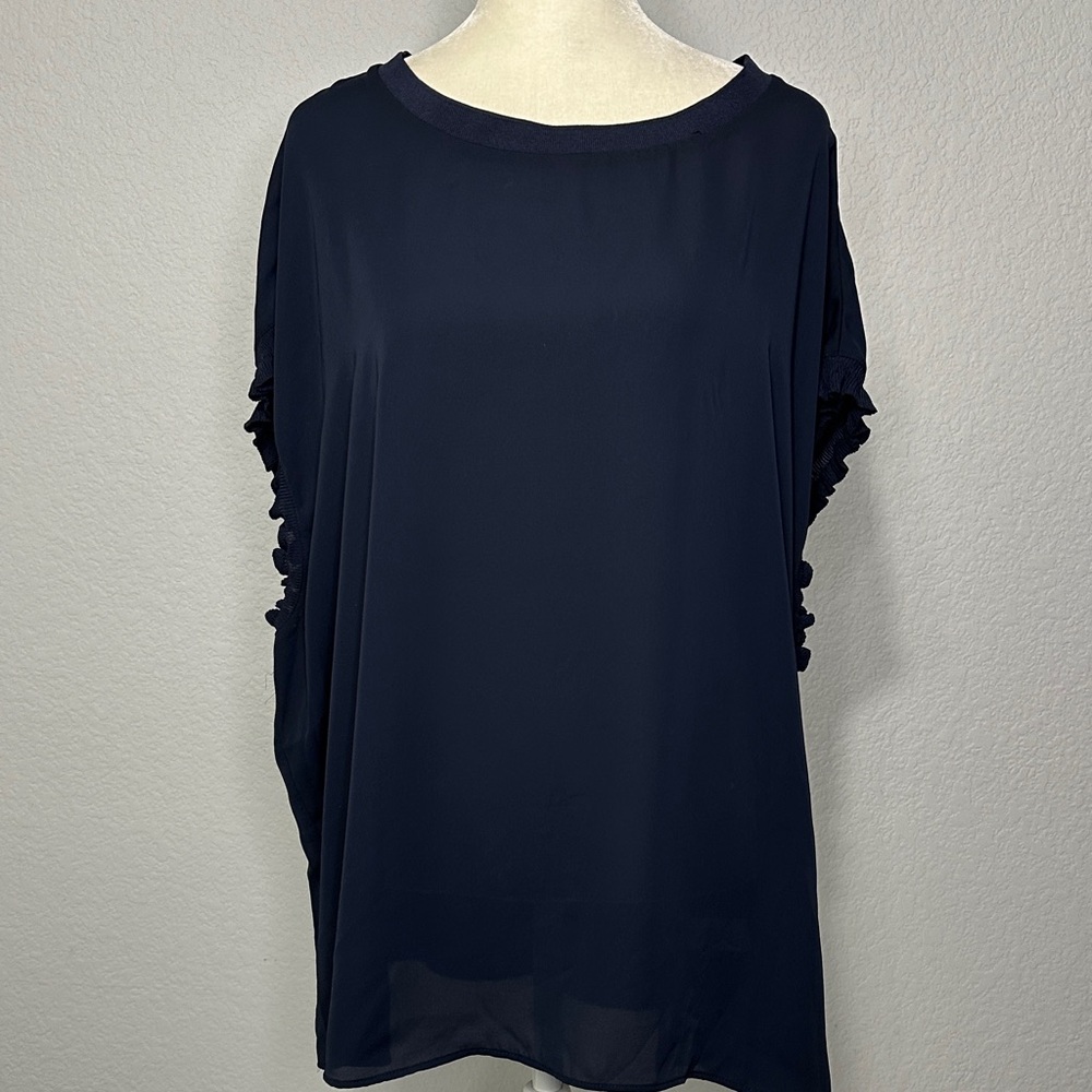 Nordstrom Women’s Tahari Navy Sleeveless Tunic with Ruffled Trim Round Neck 2X